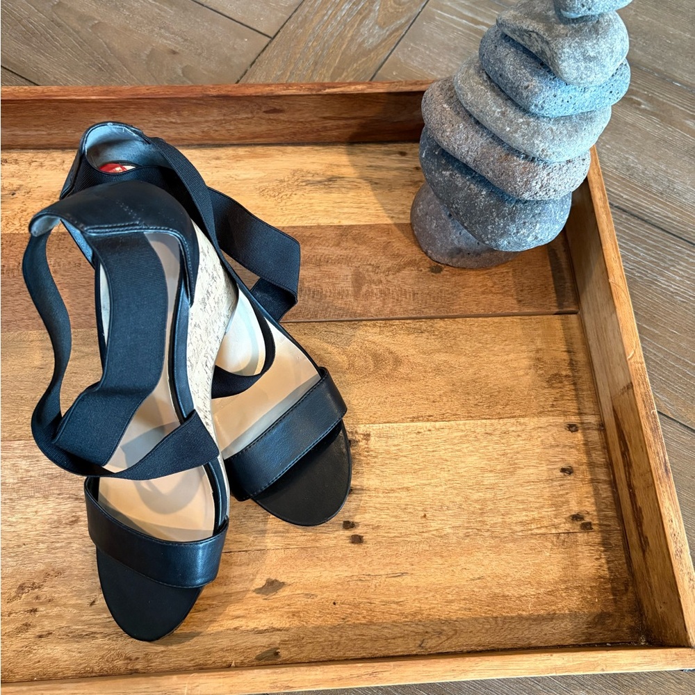 Black leather wedge sandals size 10